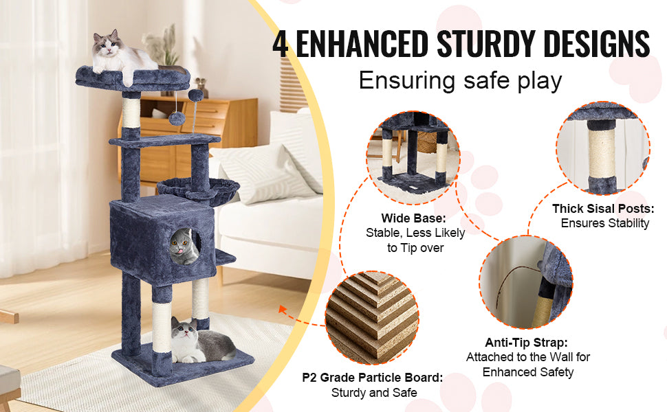 SucceBuy Cat Tree for Indoor Cats Cat Tower with Cat Condo Sisal Scratching Post HammockTop Perch Jumping Platforms Dark Grey