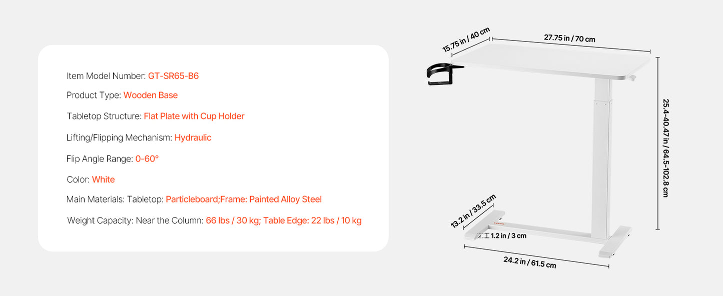 SucceBuy Overbed Table Mobile Bed Side Table with Swivel Casters Height & Angle Adjustable Laptop Desk for Home Office Study