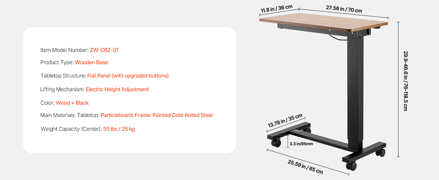 SucceBuy Overbed Table Mobile Bed Side Table with Swivel Casters Height & Angle Adjustable Laptop Desk for Home Office Study