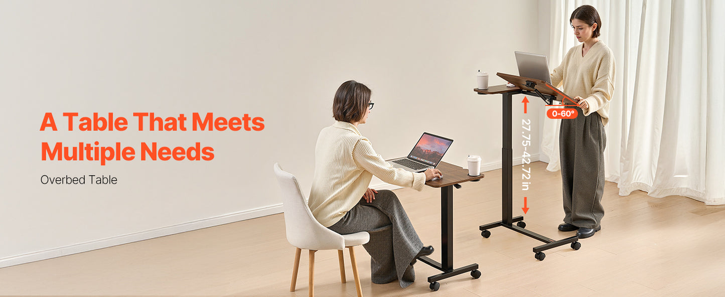 SucceBuy Overbed Table Mobile Bed Side Table with Swivel Casters Height & Angle Adjustable Laptop Desk for Home Office Study